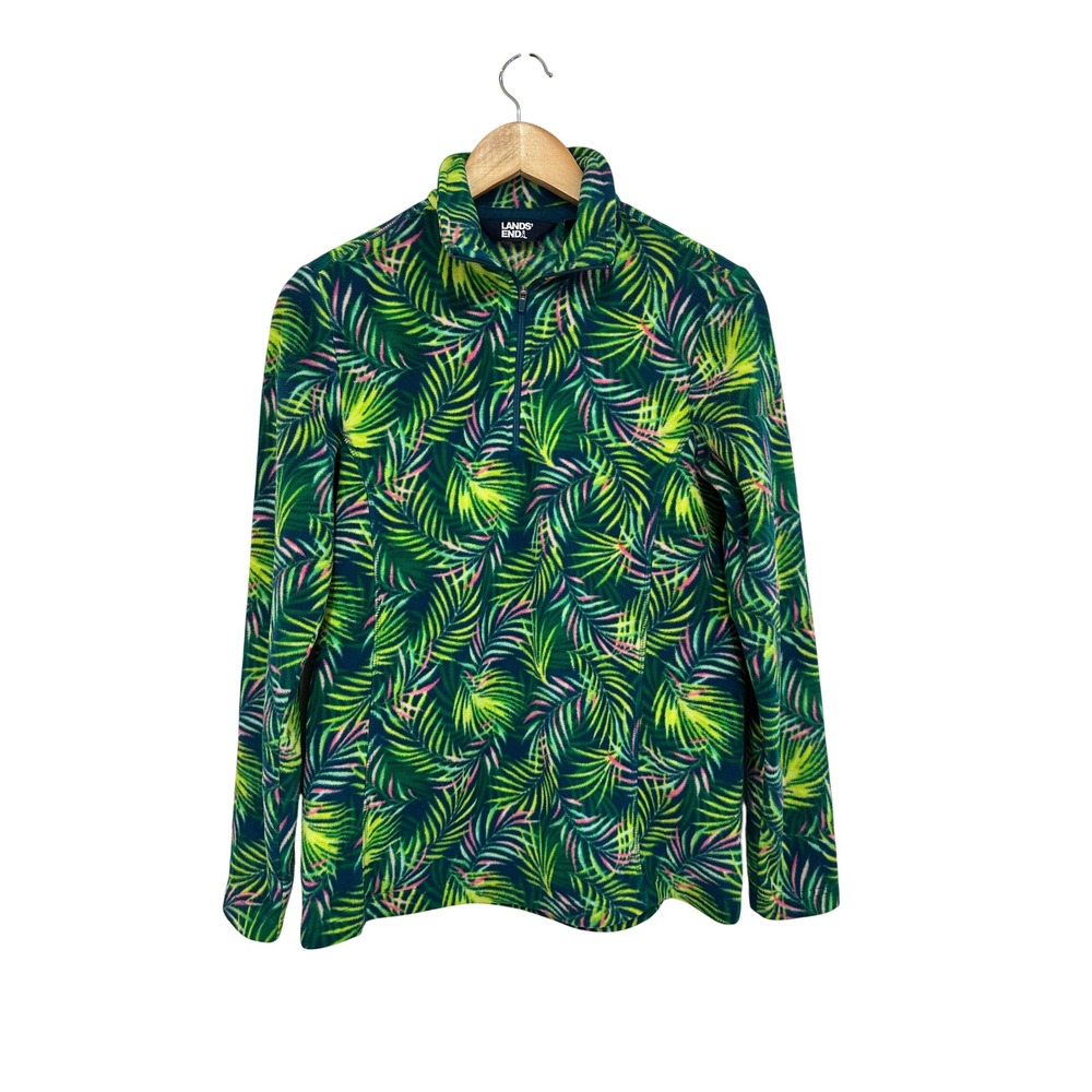 Lands End Fleece Pullover Quarter Zip Sweatshirt Small Tropical Palm Leaf Green